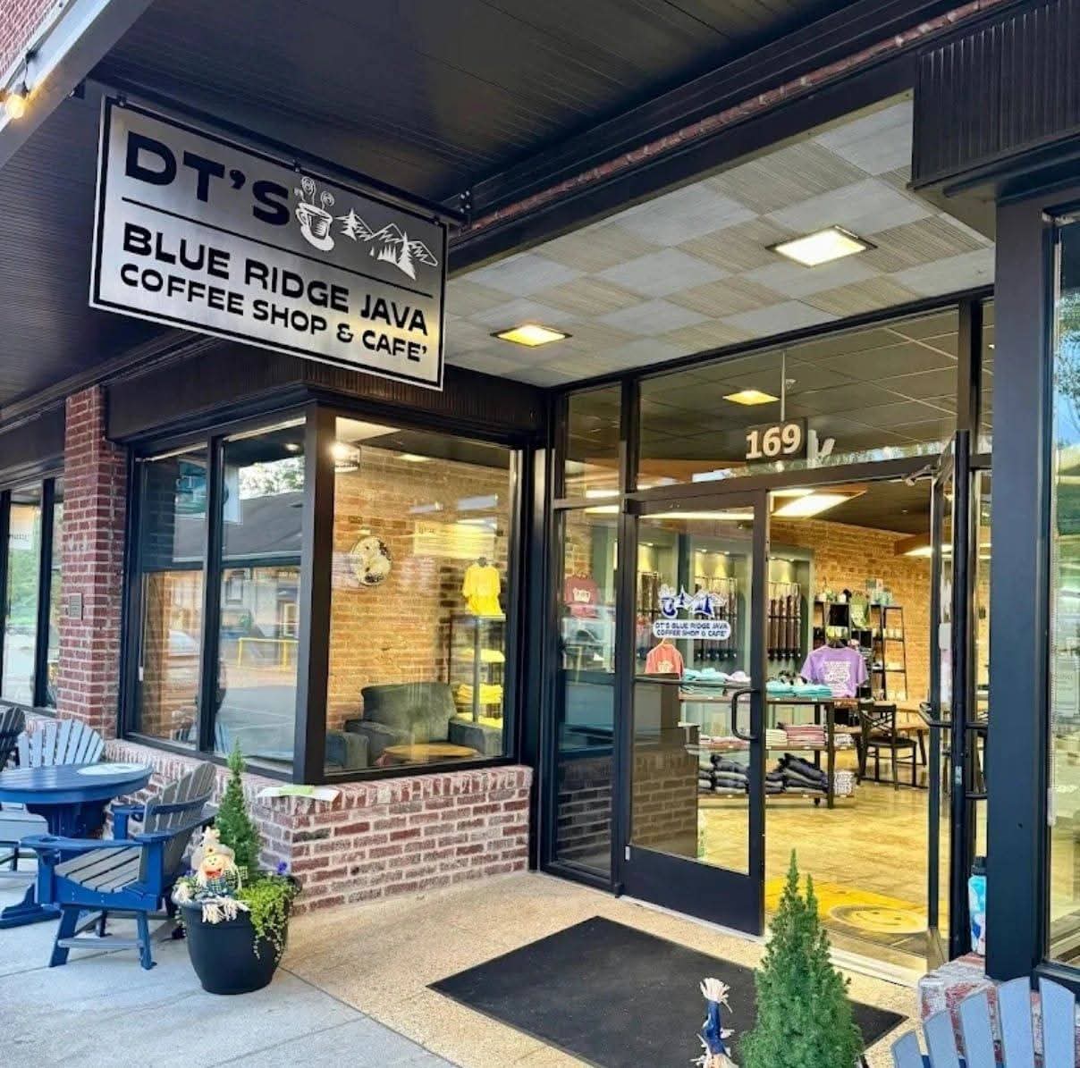The finished DT's storefront at 169 Locust Street, door open and patio chairs out front